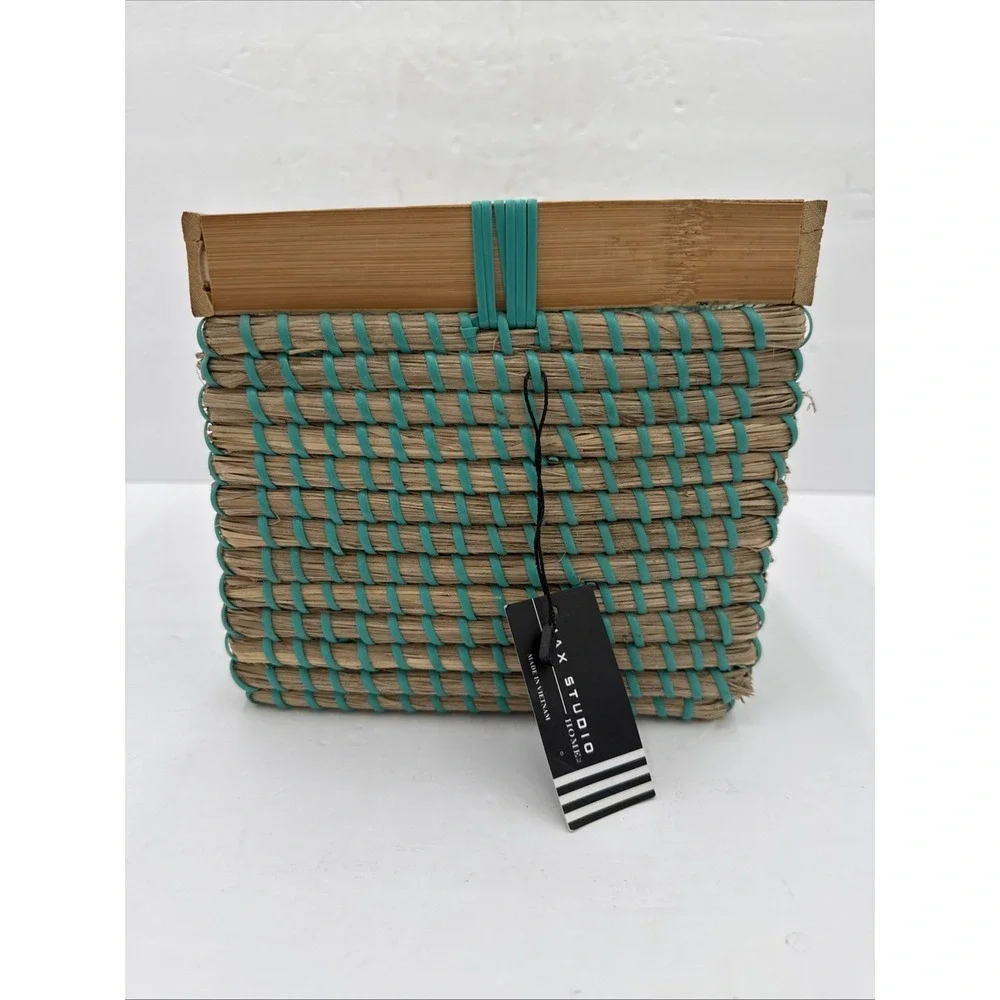 Max Studio Home Woven Reed Rattan Basket Make Up Storage Teal New